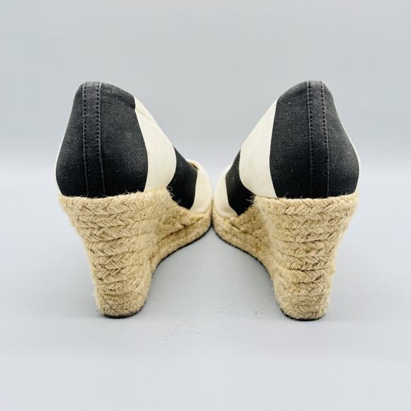 J Crew Shoes Womens 9.5 Black Ivory Wedge Espadrille Canvas Striped Summer - Picture 7 of 12